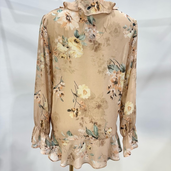 Floral Ruffle Wrap Blouse – Sheer Long Sleeve Flowy Top - Picture 4 of 4